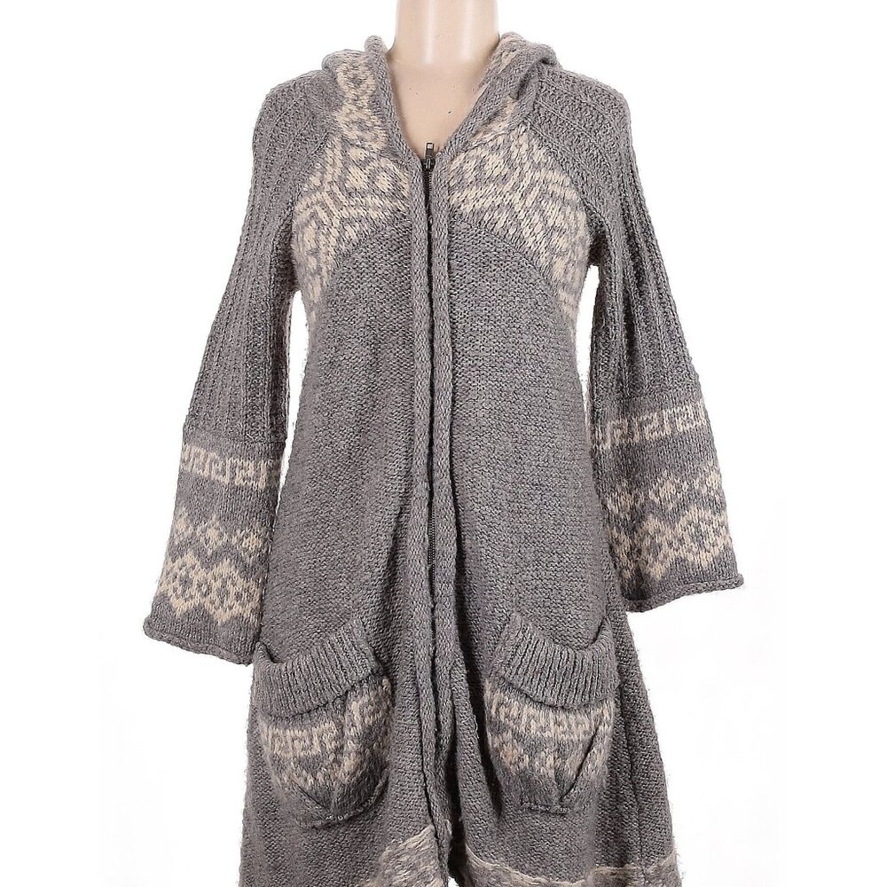 🧣 Free People Hooded Knit Cardigan – Gray & Cream Geometric Pattern – Zip Front